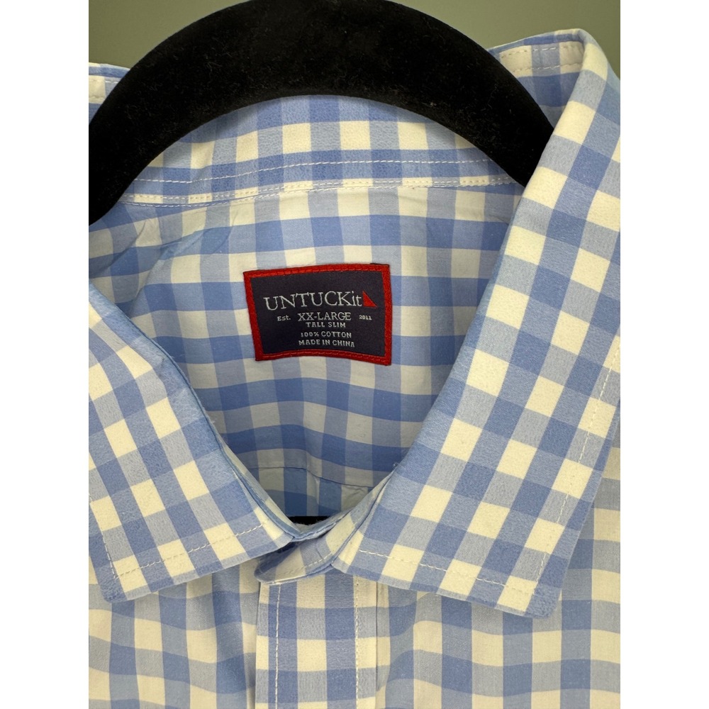 UNTUCKit Mens XXL Tall Slim Blue White Gingham Cotton Button Down Shirt